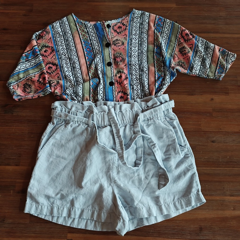 Vintage American Weekend Crop Top Nicole Miller Linen Paperbag Short Outfit Sz L